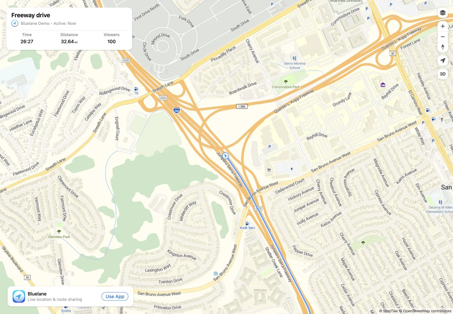 A shared Bluelane route viewed in a browser