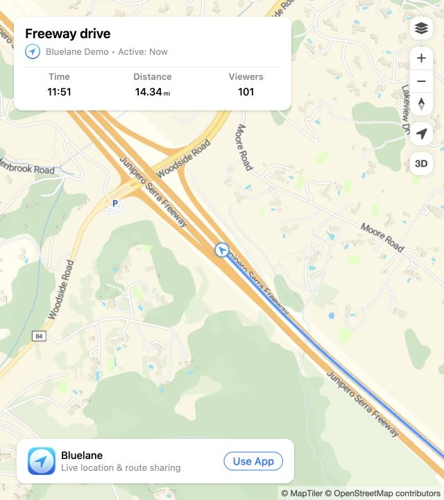 A shared Bluelane route viewed in a browser